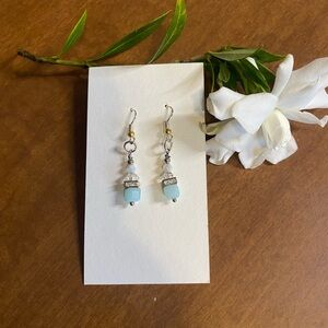 Aqua Blue Bead Silver Dangle Earrings